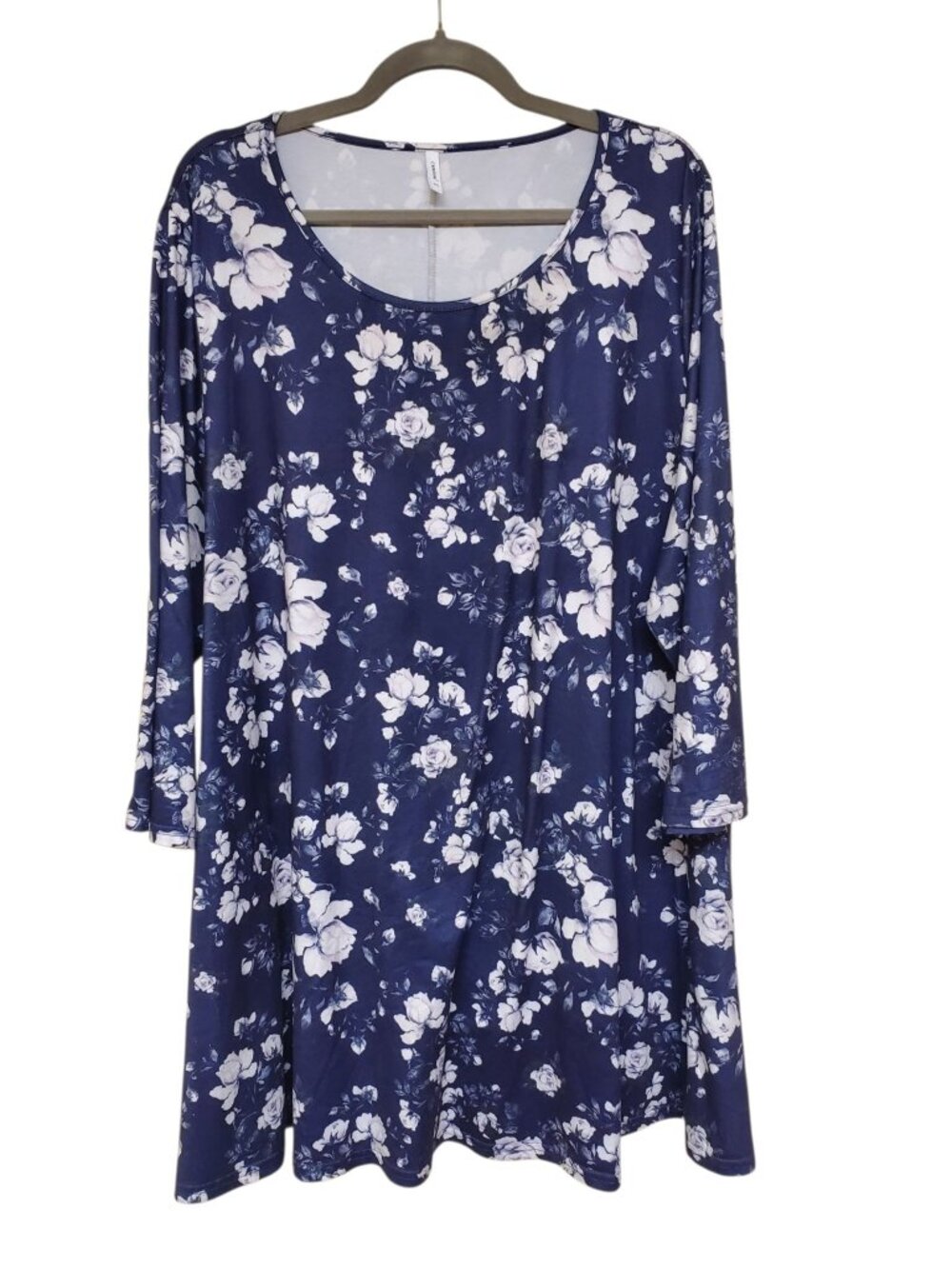 Enmain Woman's Navy Floral Print Basic‎ 3/4 Sleeve Pullover Tunic Plus Size 3XL